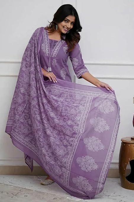 vipin parthvi|women's pure cotton printed with handwork kurta with pants and dupatta set | ethnic set | suit set | kurta set | wedding suit set