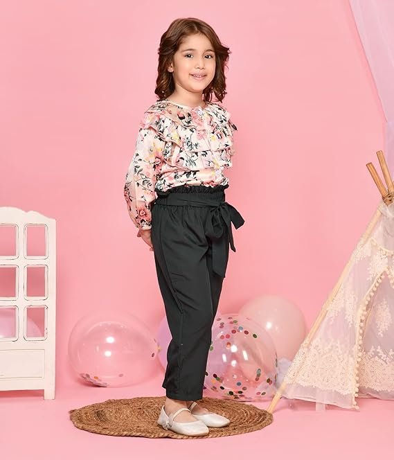 vipin lilpicks girls' polycotton floral print frilled top with trouser set (beige & green)