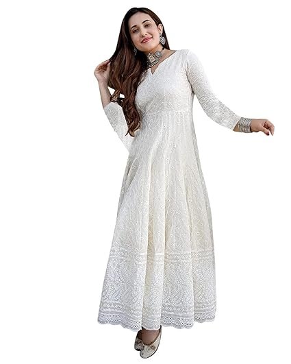 lookmark women's cotton straight fit straight chikankari long kurti gown