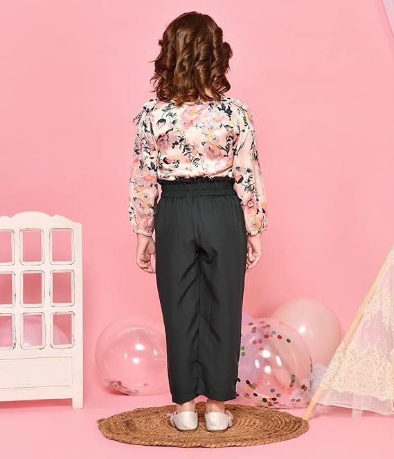 vipin lilpicks girls' polycotton floral print frilled top with trouser set (beige & green)