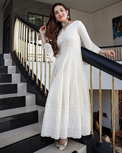 lookmark women's cotton straight fit straight chikankari long kurti gown
