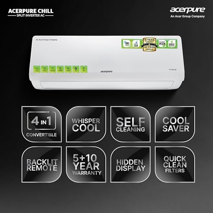 acerpure chill inverter split air conditioner 1 ton 3 star, 4 in 1 convertible design, anti virus filter, blue fin technology air conditioner