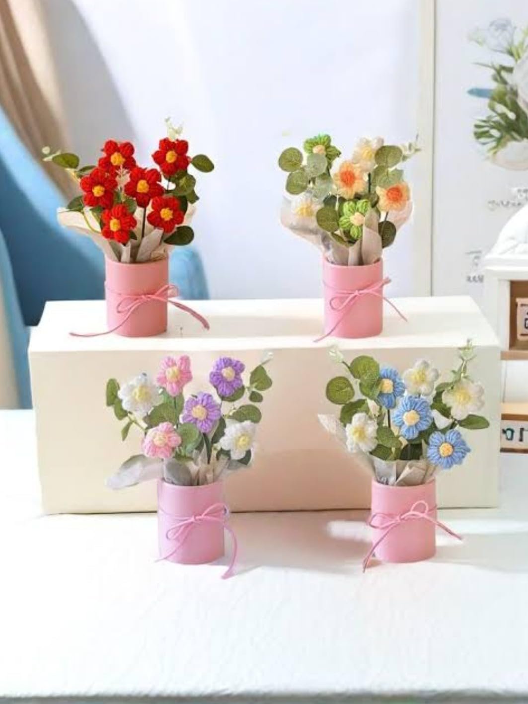 vrb dec 1pcs artificial crochet flower bouquet/artificial flowers bunch/crochet flowers bouquet/crochet flowers/flowers bouquet gift for girls home decor,gifting,etc. (pink daisy bouquet)