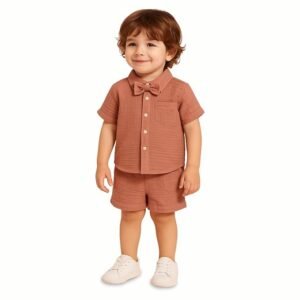 kidbea® 100% linen shirt & pant co ord set for kids | elegant & comfortable summer wear | stylish short sleeve shirt with bow & comfy shorts