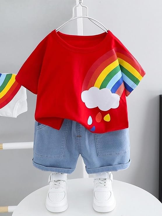 googo gaaga t shirt and short set for baby boys & baby girls, pure cotton rainbow printed half sleeves clothing set for kids