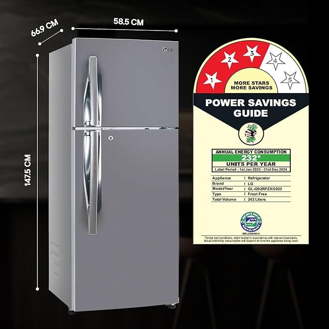 lg 242 l 3 star smart inverter frost free double door refrigerator (gl i292rpzx, shiny steel, door cooling+)