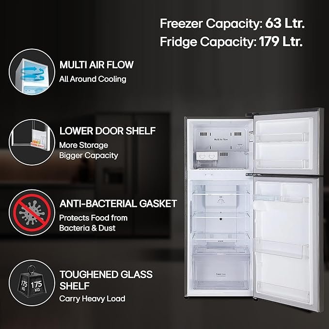 lg 242 l 3 star smart inverter frost free double door refrigerator (gl i292rpzx, shiny steel, door cooling+)