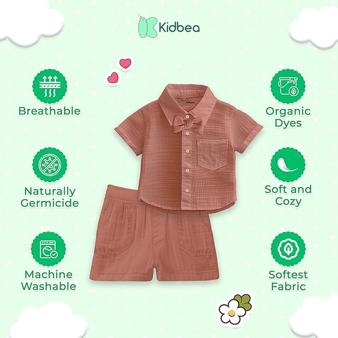 kidbea® 100% linen shirt & pant co ord set for kids | elegant & comfortable summer wear | stylish short sleeve shirt with bow & comfy shorts