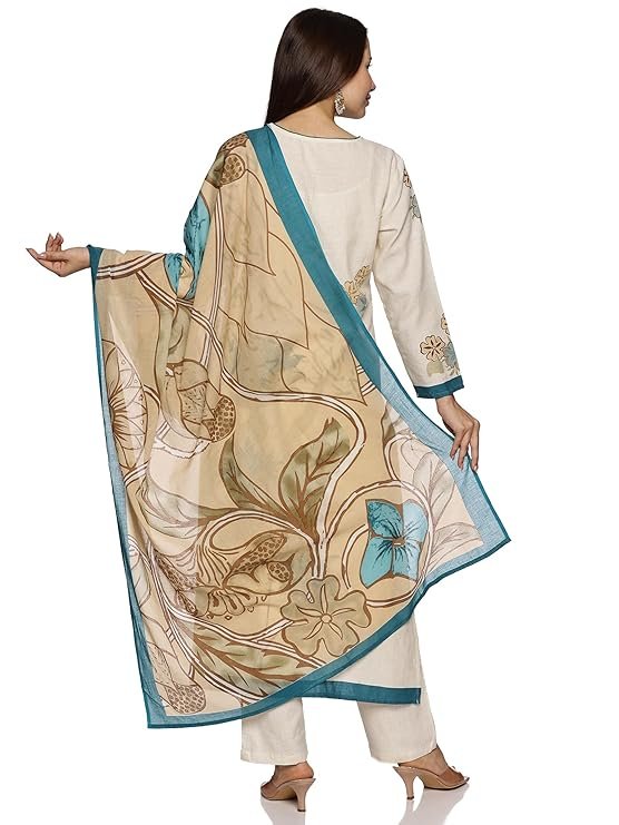 sk fashionwomen's cotton hand block printed with thread work straight kurta pant with dupatta set