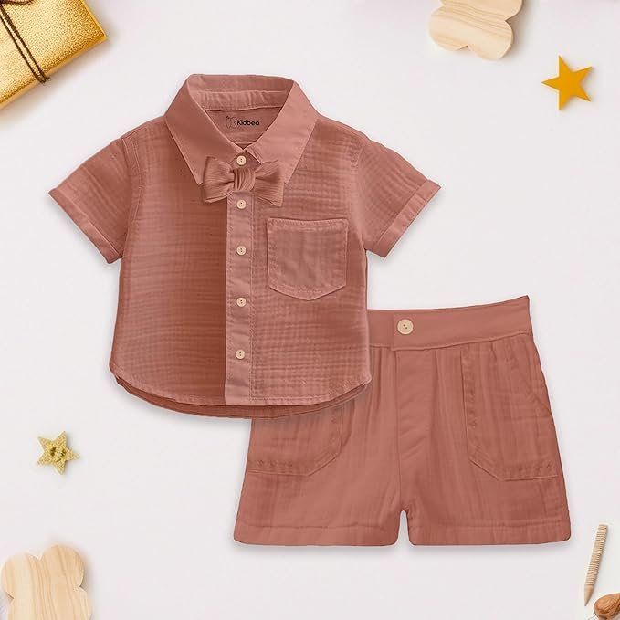 kidbea® 100% linen shirt & pant co ord set for kids | elegant & comfortable summer wear | stylish short sleeve shirt with bow & comfy shorts