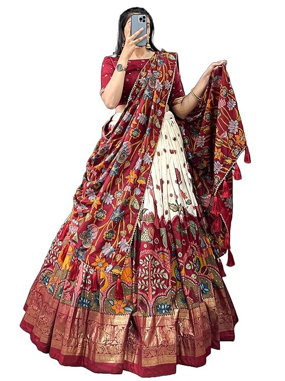 snazzy stitch women's dot & ikkat print with foil work tussar silk lehenga choli