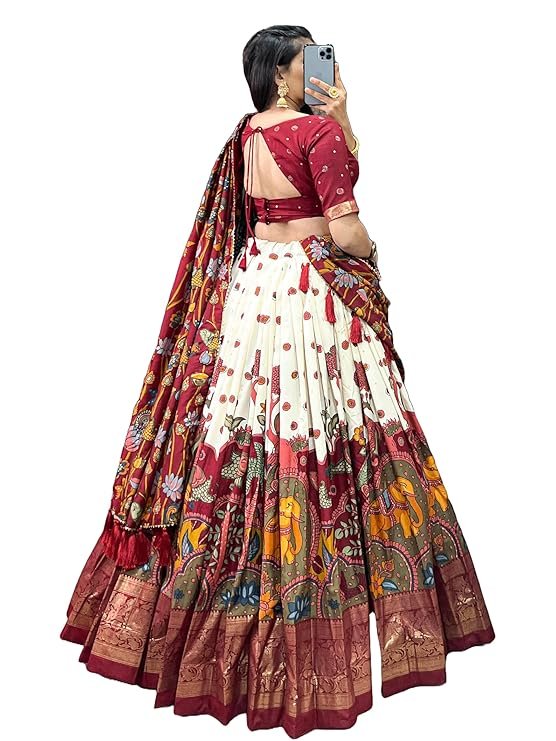 snazzy stitch women's dot & ikkat print with foil work tussar silk lehenga choli
