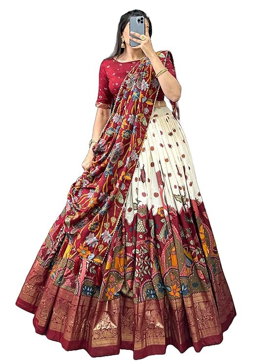 snazzy stitch women's dot & ikkat print with foil work tussar silk lehenga choli