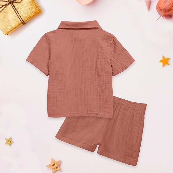 kidbea® 100% linen shirt & pant co ord set for kids | elegant & comfortable summer wear | stylish short sleeve shirt with bow & comfy shorts