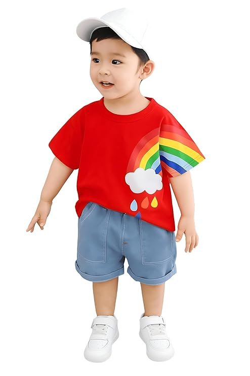 googo gaaga t shirt and short set for baby boys & baby girls, pure cotton rainbow printed half sleeves clothing set for kids