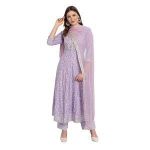 rangnavi women rayon anarkali embroidered printed kurta pant and dupatta set