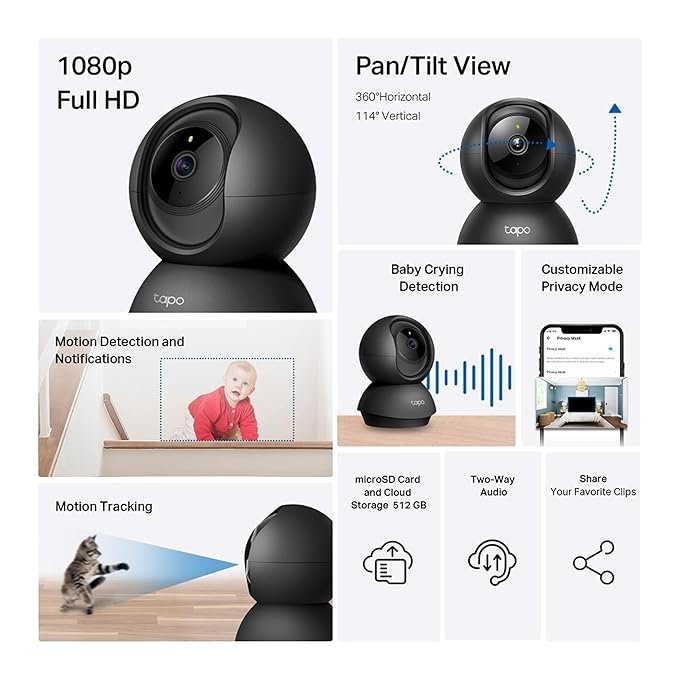 tapo c201 360° 2mp 1080p full hd pan/tilt home security wi fi smart camera| alexa enabled| 2 way audio| night vision| motion detection| sound and light alarm| indoor cctv black