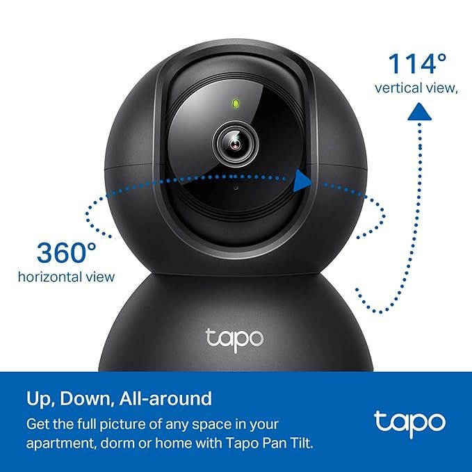 tapo c201 360° 2mp 1080p full hd pan/tilt home security wi fi smart camera| alexa enabled| 2 way audio| night vision| motion detection| sound and light alarm| indoor cctv black