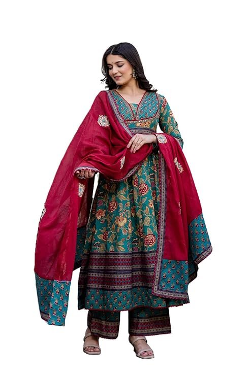 Pistaa's Women's Pure Cotton Anarkali Floral Printed Kurta with Palazzo & Dupatta Set - Image 4